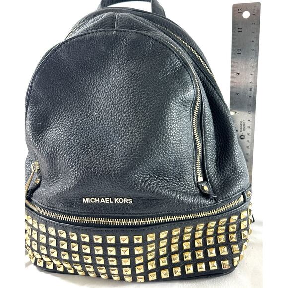 Michael Kors Rhea Zip Studded Black Pebbled Leather Backpack Gold Hardware - Picture 3 of 10